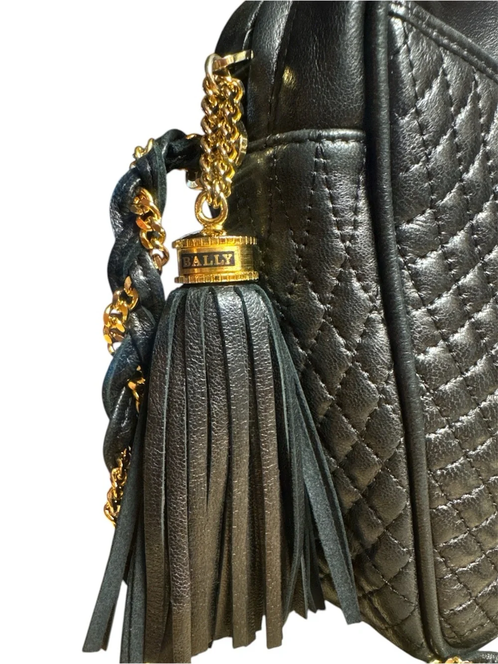 BALLY Italian Quilted Leather Crossbody Bag Chain Link Strap Tassel + Dust Bag - Picture 7 of 17